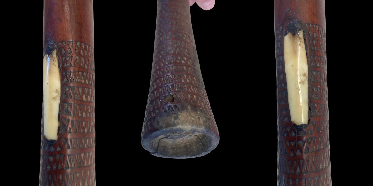 Details of a Fijian Ula club of the handle including human bone inlay